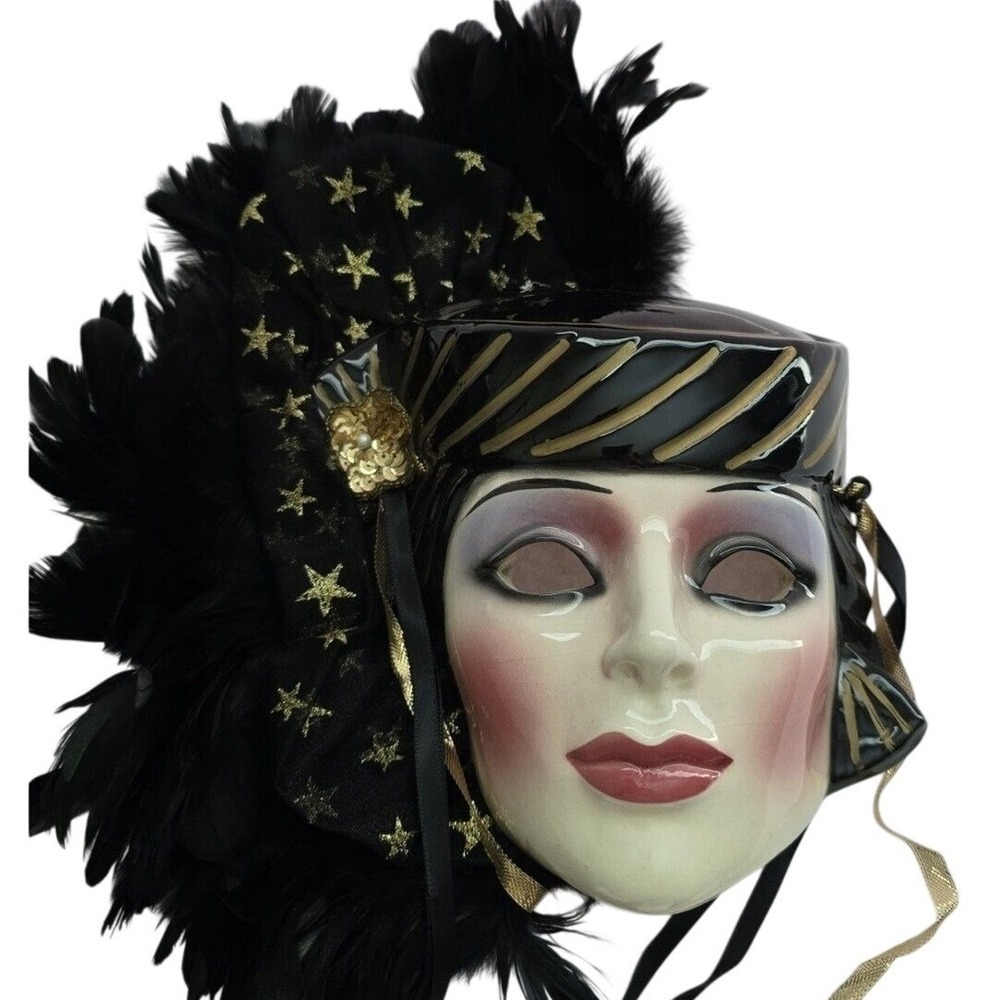 Vintage Venetian Ceramic Masquerade Mask Black Feathers Gold Stars Hand Painted